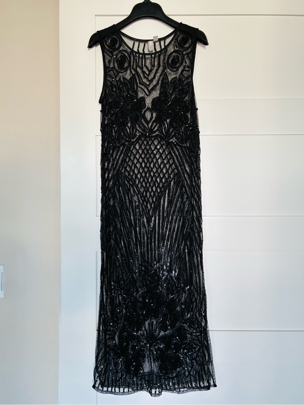 ASOS US 4 UK 8 Black Sequin & Beaded Mesh Art Deco Midi Dress